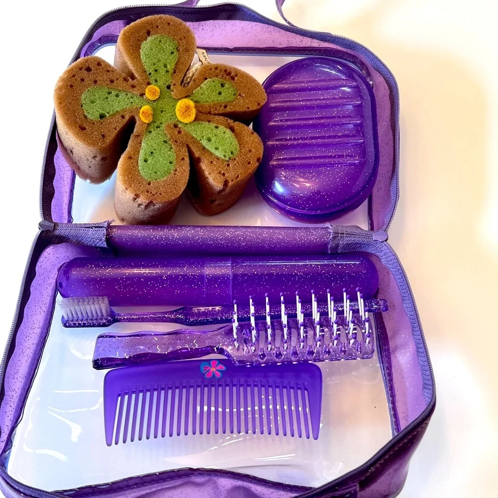 Sparkly Purple Toiletry Travel Bag for Tweens.  Includes Travel Accessories. New